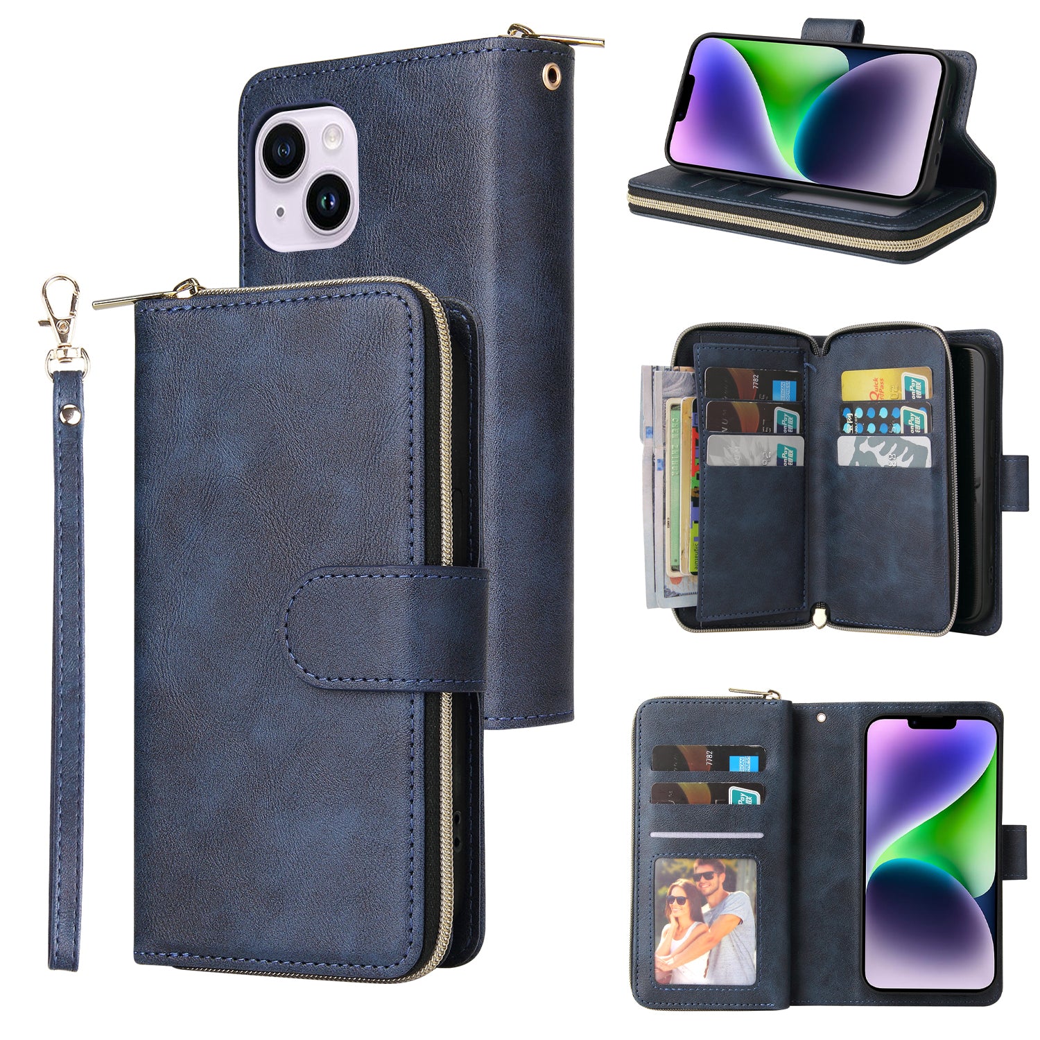 For iPhone 14 Plus Case Zipper Pocket TPU+PU Leather Phone Stand Cover For iPhone 14 Plus Case Zipper Pocket TPU+PU Leather Phone Stand Cover